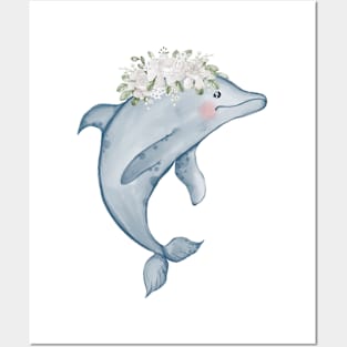 Dolphin Flower Watercolor Posters and Art